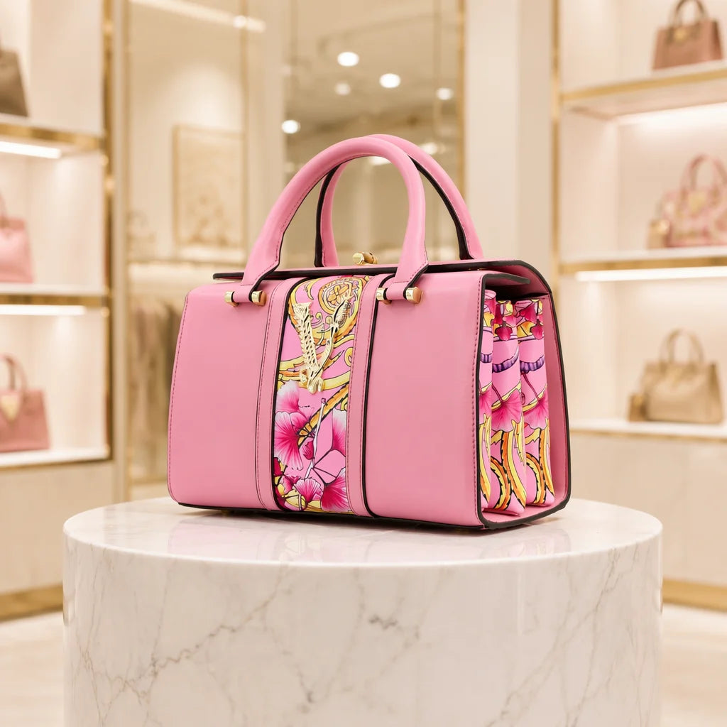 A pink leather handbag with floral patterned inserts and double top handles, displayed on a white marble pedestal inside a boutique.