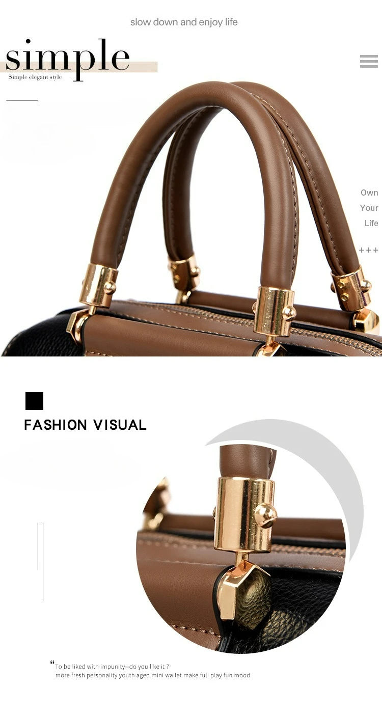 A brown leather handbag with gold-tone hardware, shown in a stylized promotional layout with close-up detail views and text such as 'simple' and 'FASHION VISUAL'.