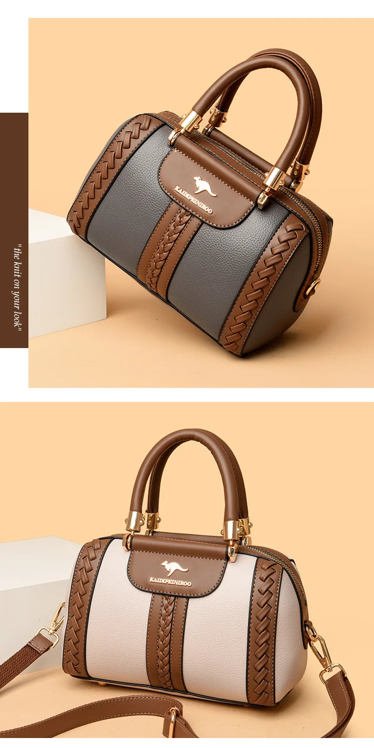 A structured handbag shown in two views on a warm beige studio background. The bag has a gray and off-white body with brown braided side panels, brown handles, and gold-tone hardware.