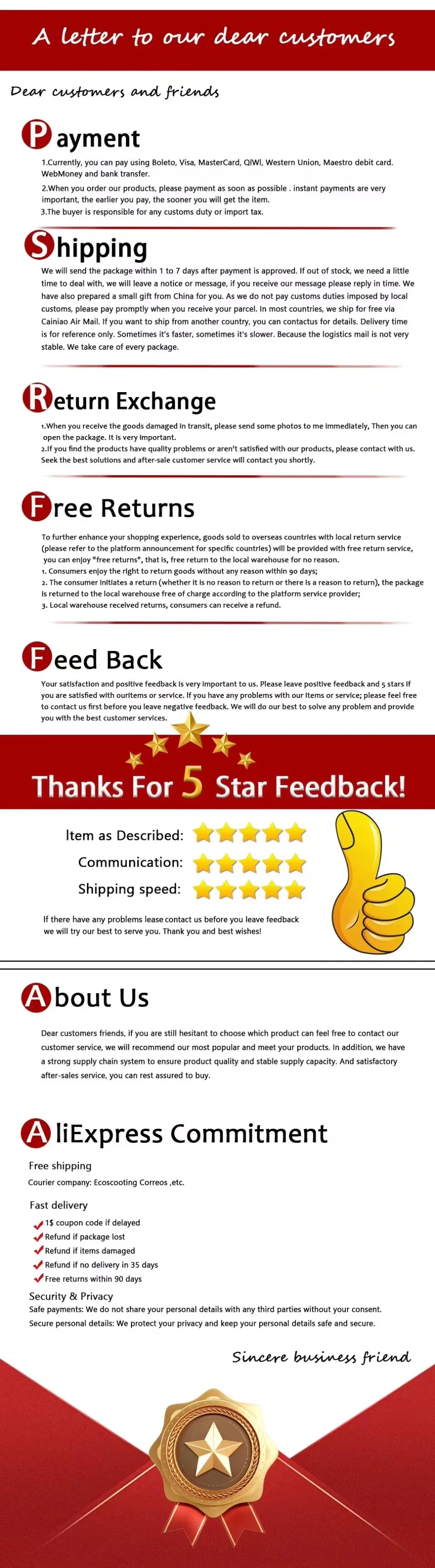 Website footer with contact information, return policy, and customer feedback on a white background.