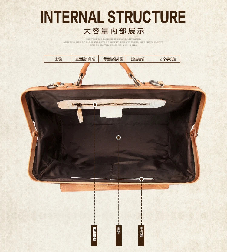 Brown leather briefcase with open interior showing compartments on a beige background