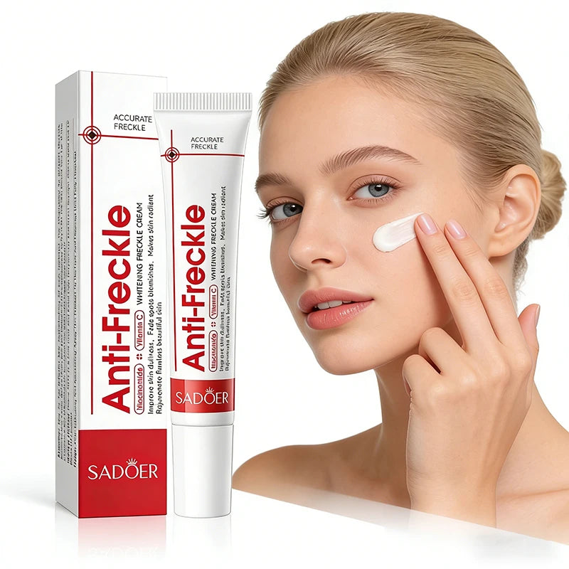 Anti-Freckle cream with packaging and a model applying it to her face.