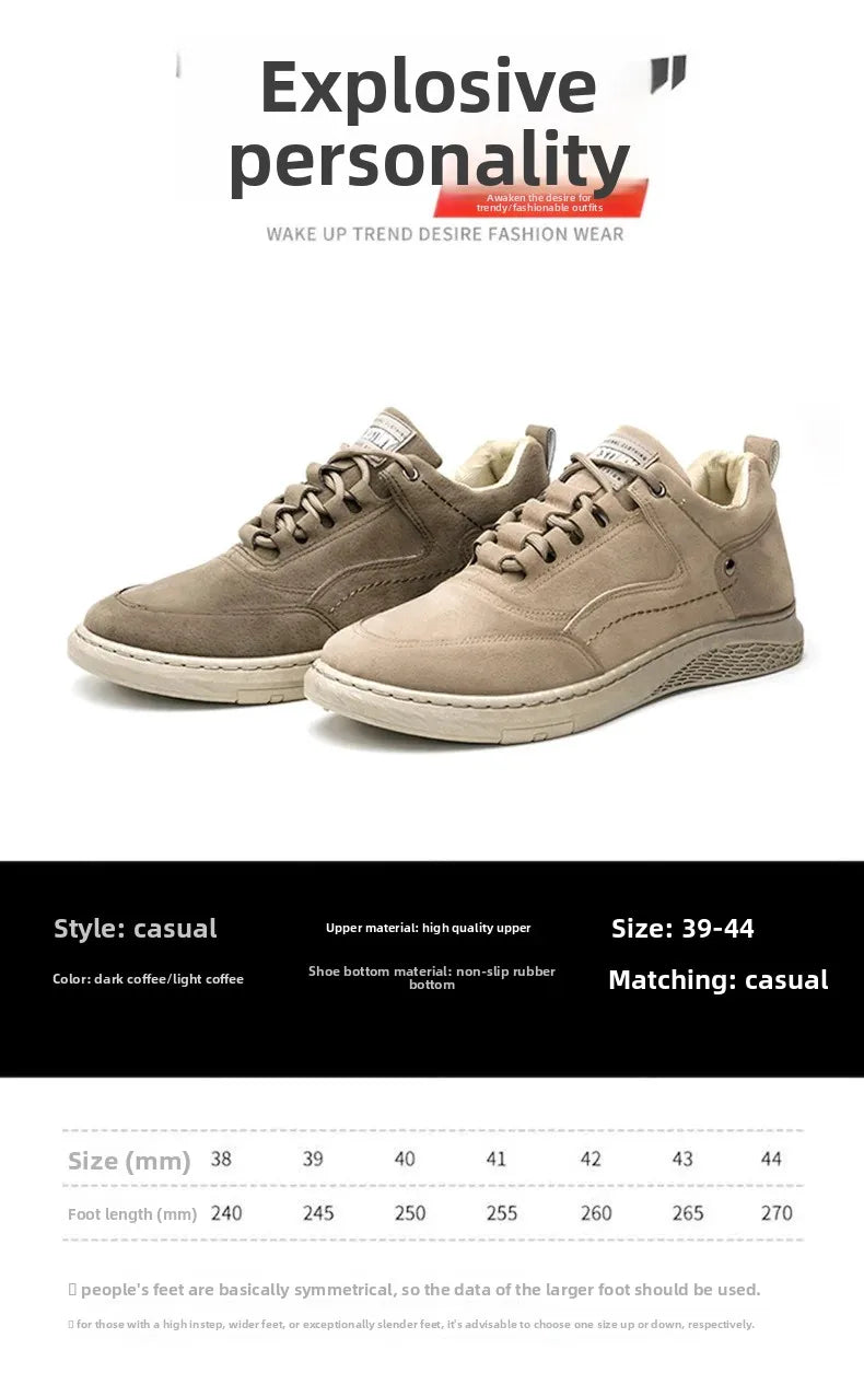 A pair of casual low-top sneakers in a light taupe-beige suede-like material with matching laces and off-white soles, shown on a white background above a black informational panel with text and a size chart.
