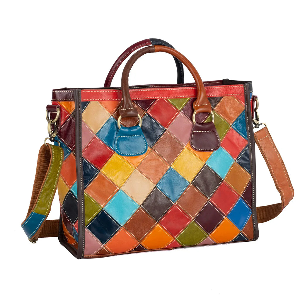 Women's Genuine Leather Color-Contrast Tote Bag