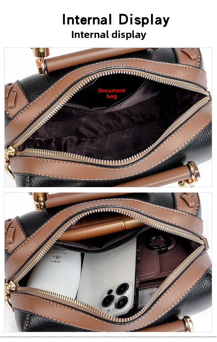 Two-panel close-up showing the interior of a black and brown handbag with gold-tone hardware. The top panel shows the empty interior with a dark lining and red text reading 'Document bag.