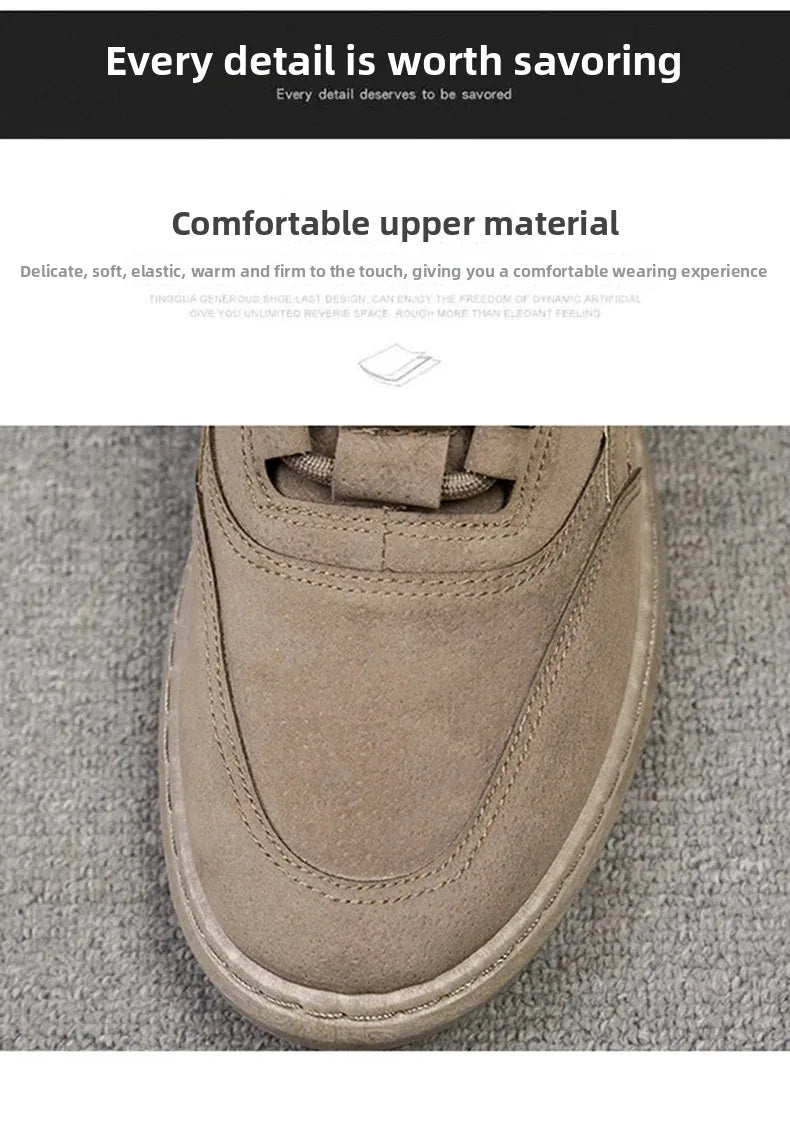 A close-up of a beige suede sneaker upper on a textured gray surface, with marketing text above reading 'Every detail is worth savoring' and 'Comfortable upper material'.