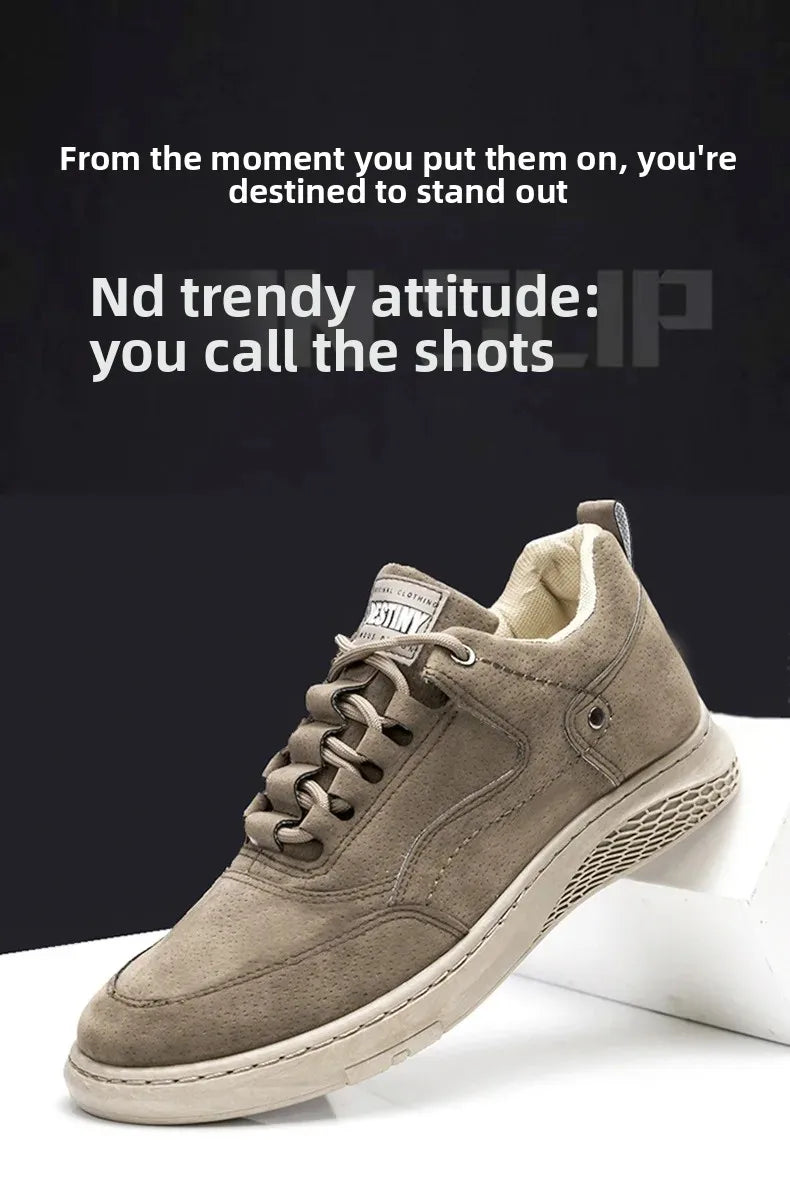 A taupe suede low-top sneaker with beige laces and a cream sole, displayed on a white platform against a dark background with promotional text.