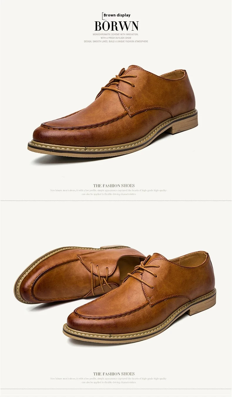 A pair of men's brown leather lace-up shoes shown in two studio product views on a light beige background, with the brand name BORWN displayed at the top.