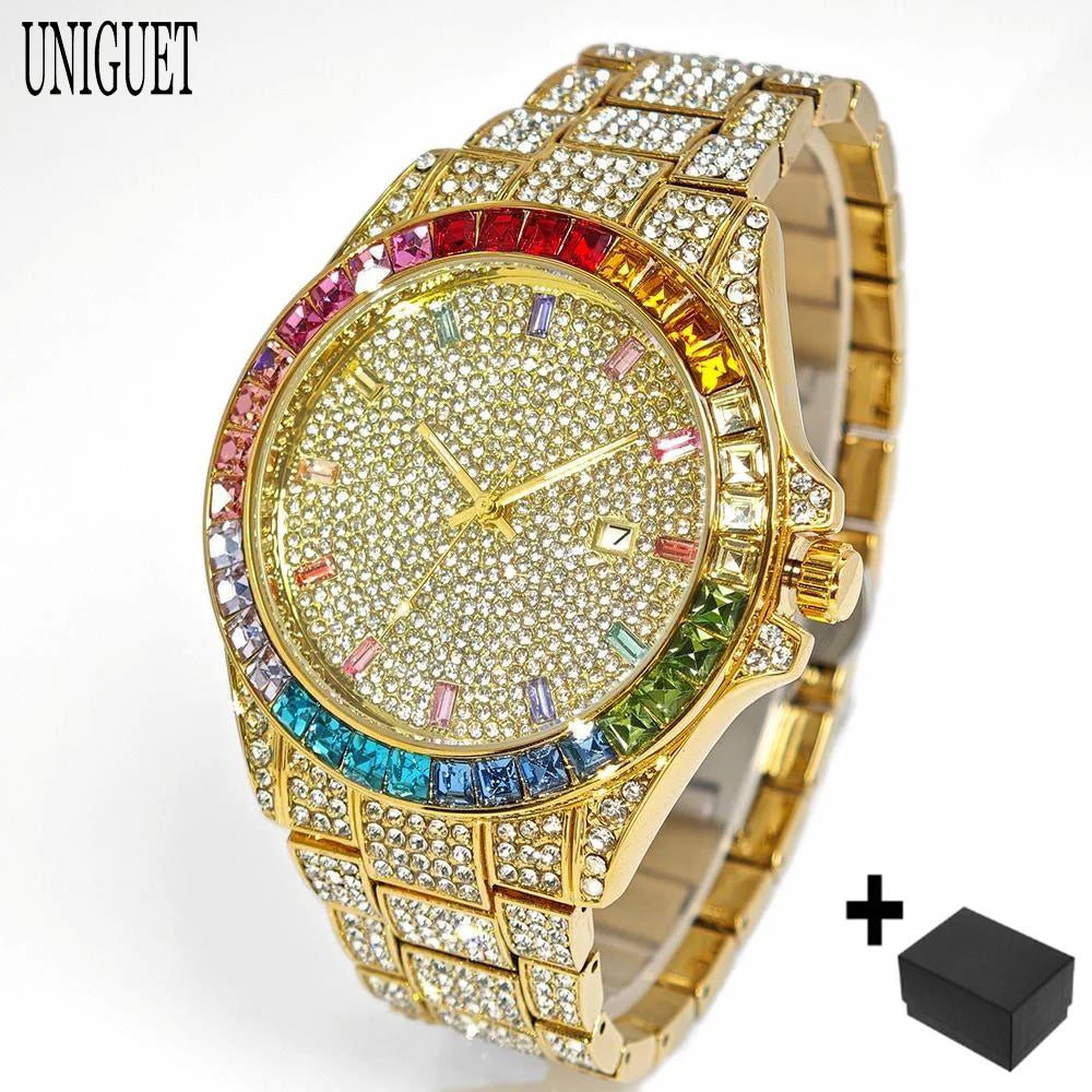 Luxury watch with colorful gemstones and gold casing on a white background, featuring the brand 'UNIGUET'.