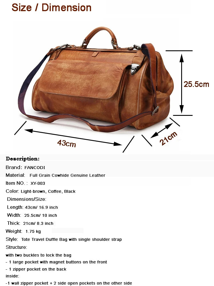 Brown leather bag with dimensions labeled on a white background