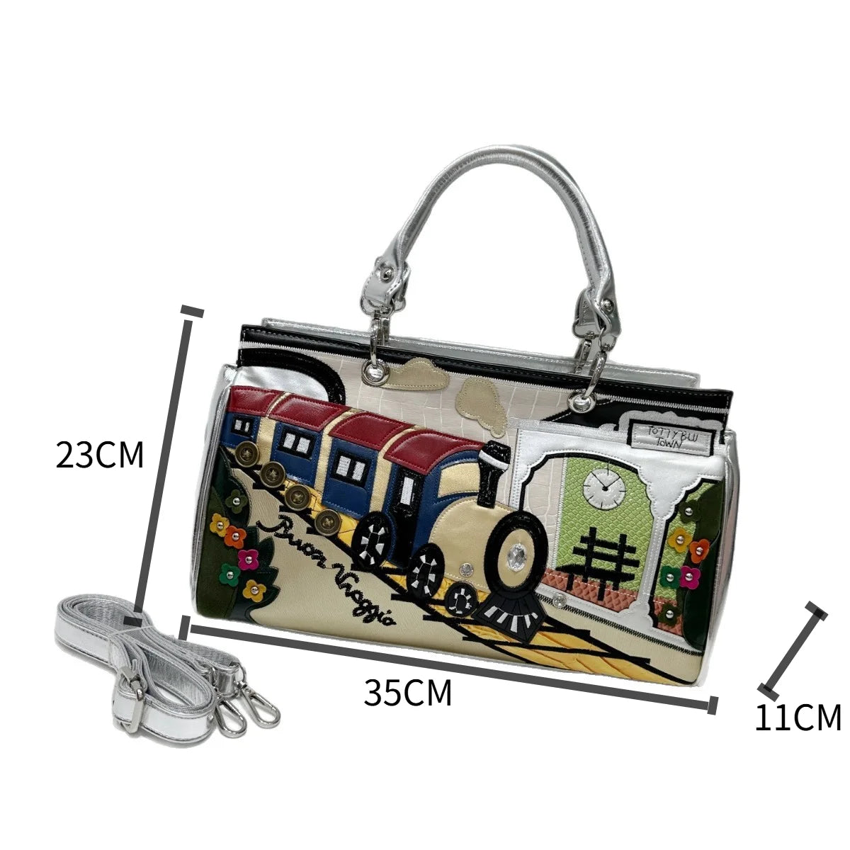 A clear vinyl handbag with a colorful train illustration on the front, silver-tone top handle and shoulder strap, shown with dimension lines and measurements on a white background.