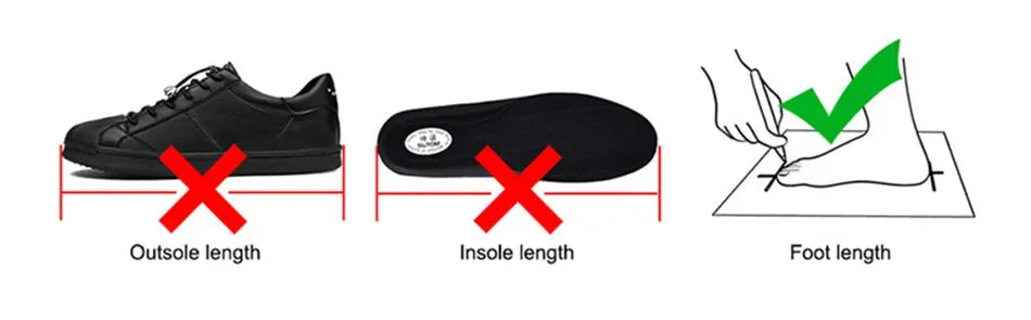 Diagram showing correct shoe size measurement with outsole, insole, and foot length indicators.