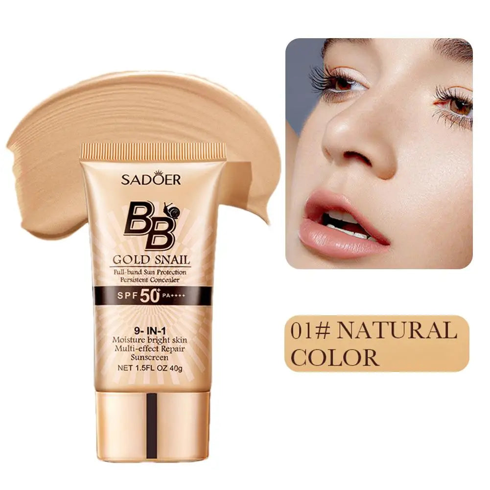 Sadoer BB cream tube with applicator and close-up of a woman's face wearing the product.