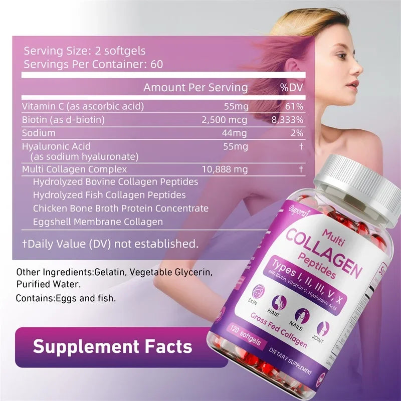 Collagen supplement bottle with label and woman's face on a purple background