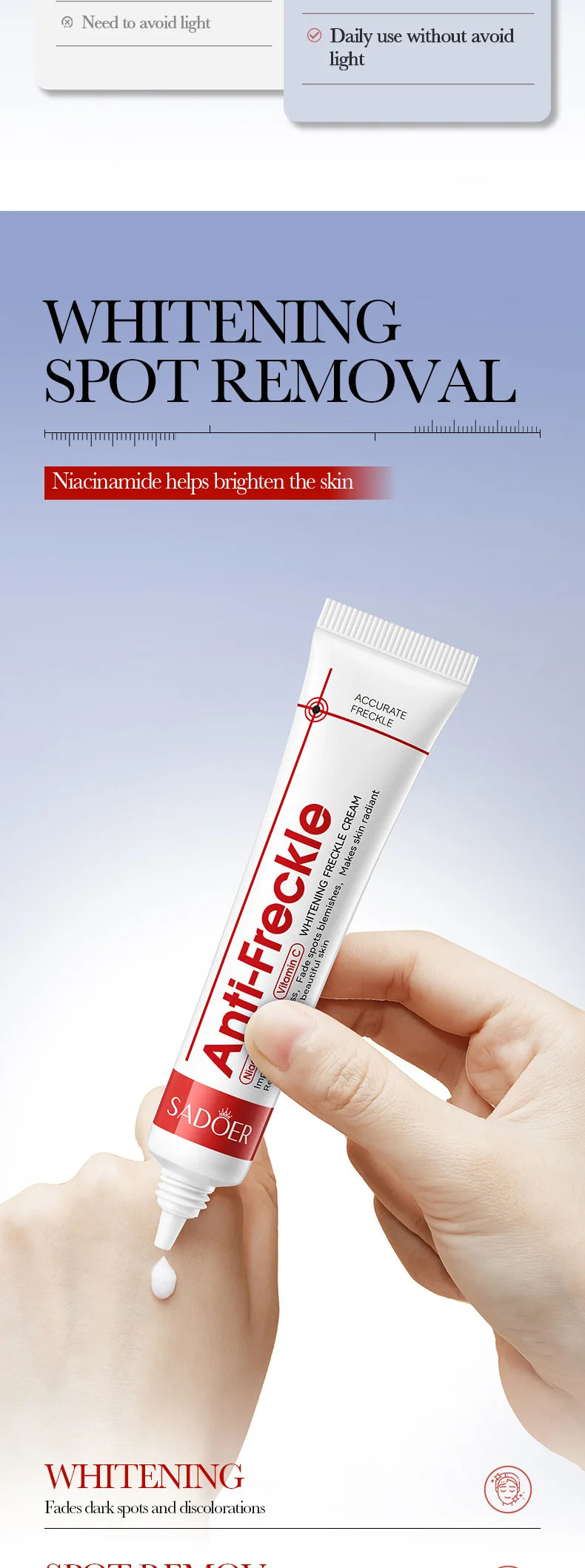 Anti-Freckle cream tube with a hand applying it on a light blue background