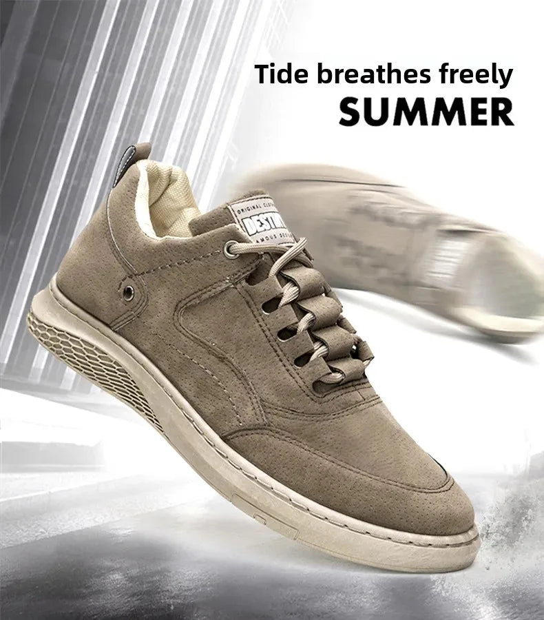 A taupe-brown suede low-top sneaker with beige laces and a cream sole, shown floating over a stylized gray background with a blurred duplicate of the shoe and the text 'Tide breathes freely SUMMER'.