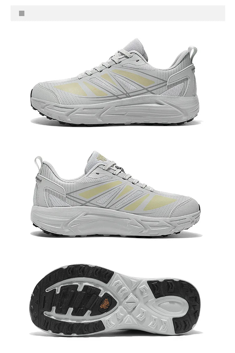 Three views of a light gray athletic sneaker with pale yellow accents, showing the side profile, top-down view, and the black treaded outsole.