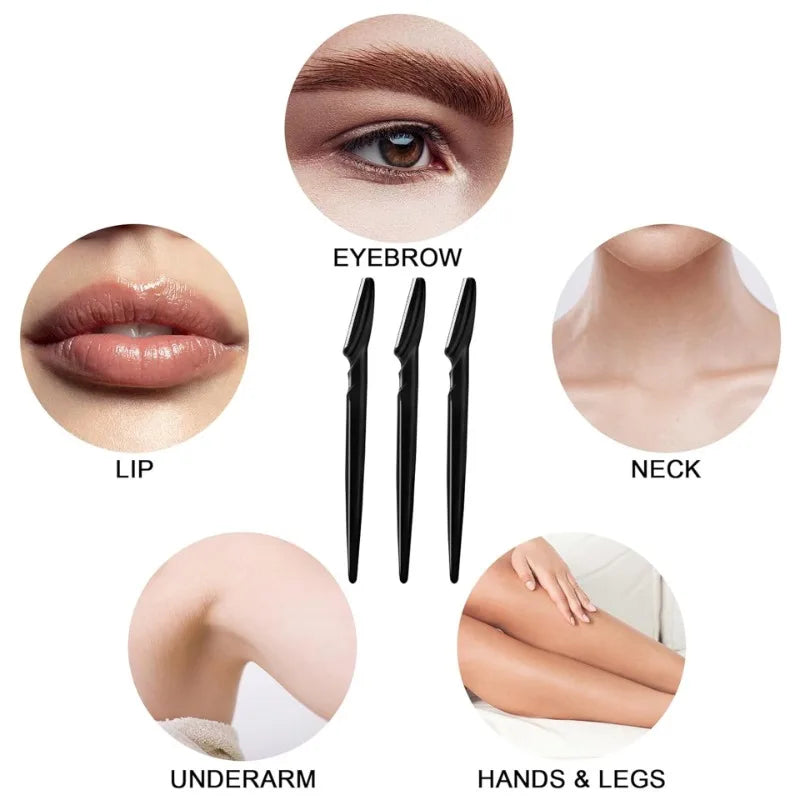 Cosmetic pen with application examples on lip, eyebrow, neck, underarm, and hands & legs.