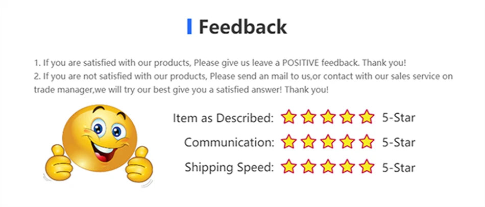 Feedback form with a smiley face emoji and five-star ratings for product description, communication, and shipping speed on a white background.