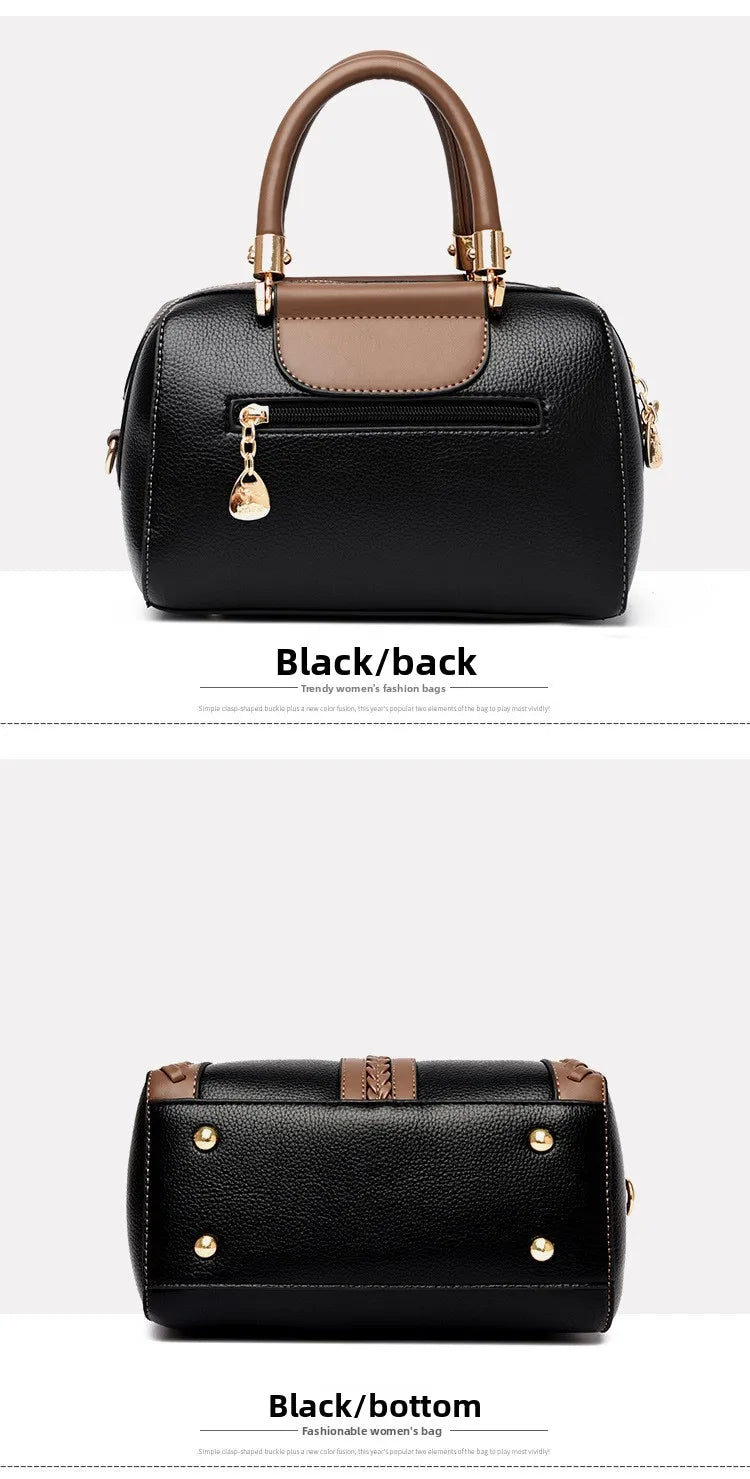A structured black handbag with brown leather top handle and trim, gold-tone hardware, and a front zip pocket. The image shows two views labeled 'Black/back' and 'Black/bottom' on a light gray background.