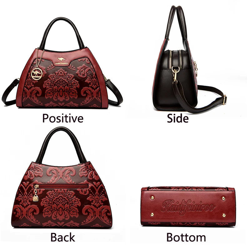 Red handbag with black floral pattern shown from multiple angles on a white background.