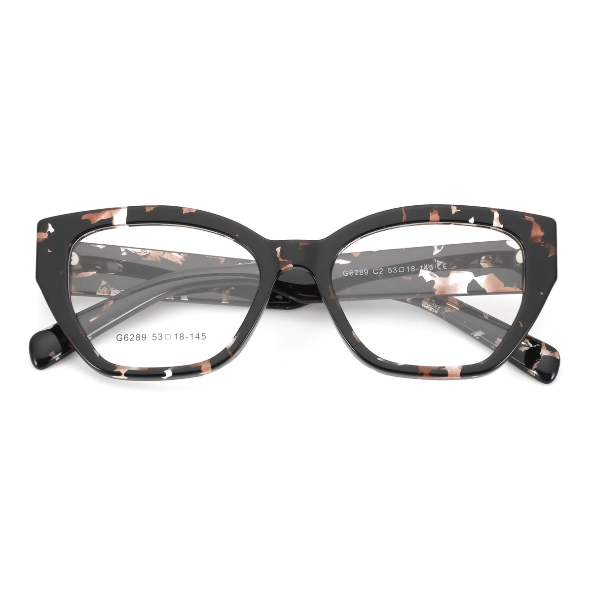 Cat-eye eyeglasses with a glossy black acetate frame featuring a terracotta and white marble pattern, shown on a plain white background.