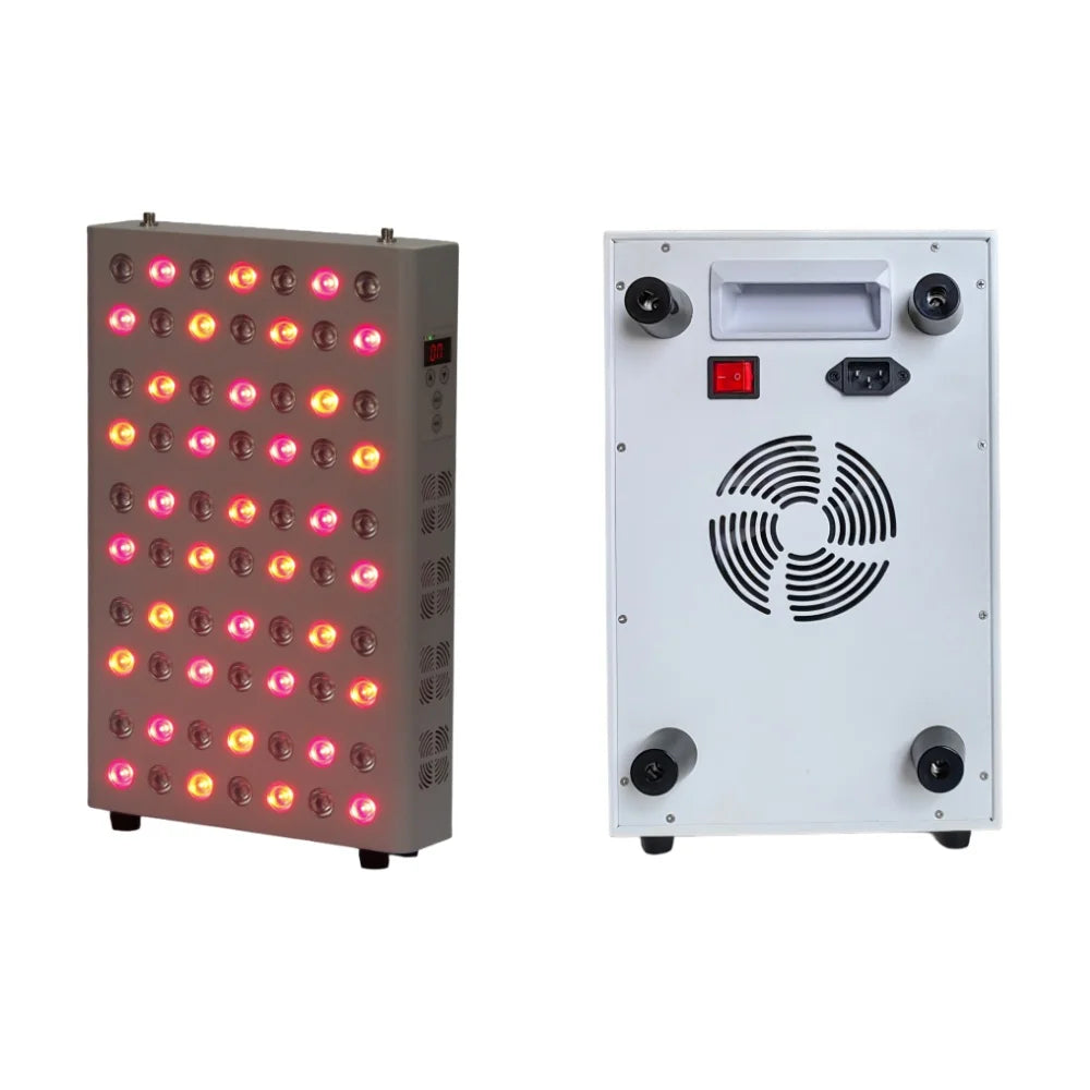 Two electronic devices side by side on a white background. One has red and orange lights, the other has a cooling system.