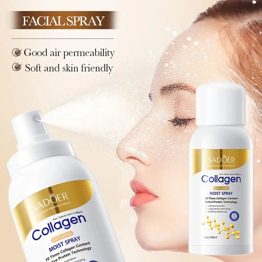 Collagen facial spray with a woman's face in the background, highlighting air permeability and skin friendliness.