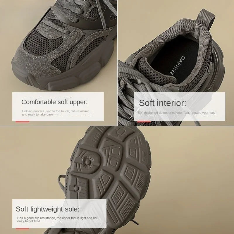Gray sneaker with text highlighting features on a beige background