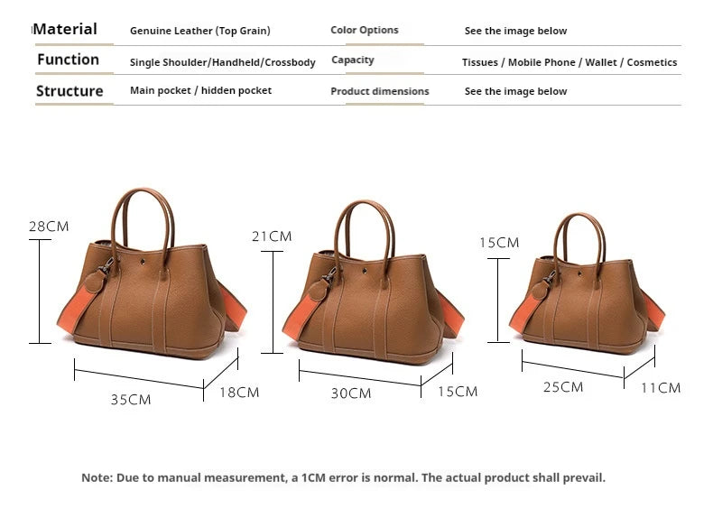 A product information graphic for a tan leather handbag, showing three size variants with dimensions (28CM x 35CM x 18CM, 21CM x 30CM x 15CM, and 15CM x 25CM x 11CM) and text listing features such as genuine leather, single shoulder/handheld/crossbody use, capacity, and materials.