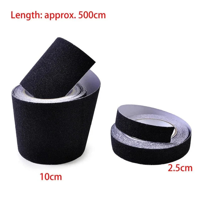 Two rolls of black adhesive tape shown on a white background, with red text indicating dimensions: one roll labeled 10cm and the other 2.5cm, plus a top text note stating length is approx.