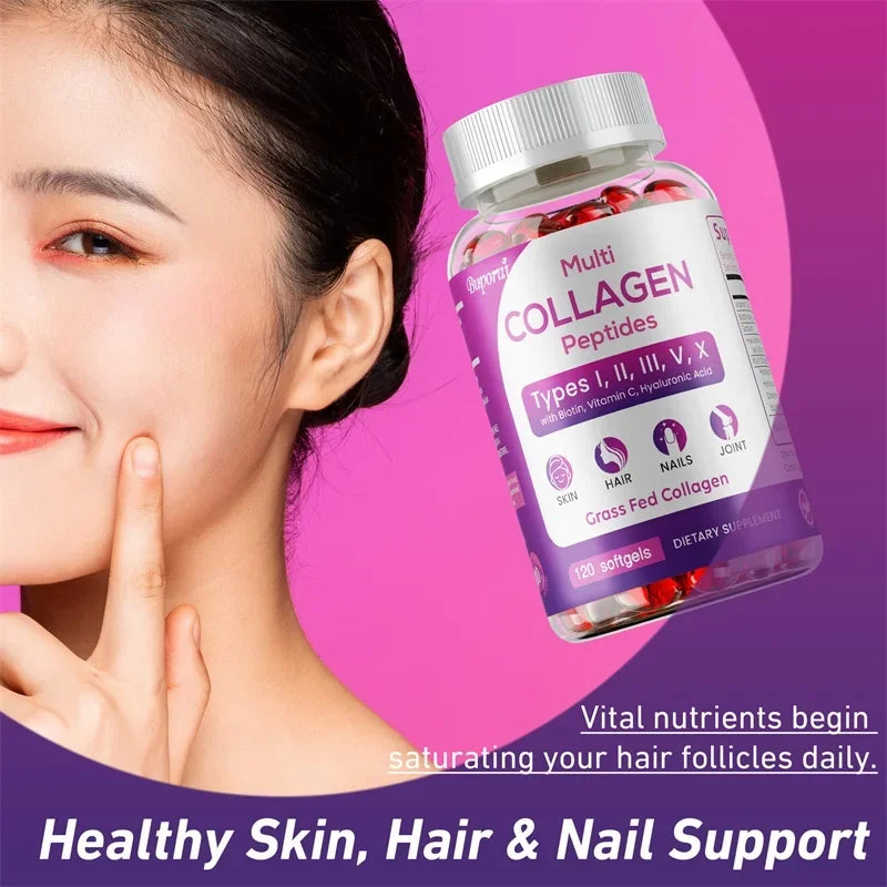 Bottle of collagen peptides with a woman touching her face on a pink background