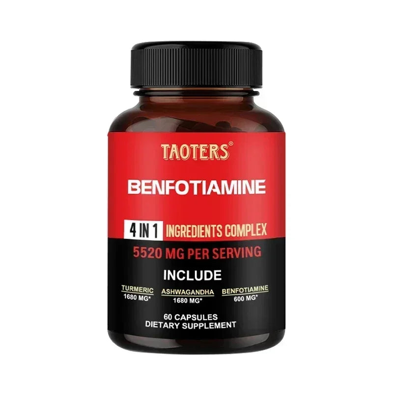 A bottle of Taoters Benfotiamine 4 in 1 Ingredients Complex dietary supplement, featuring a red and black label on a white background.