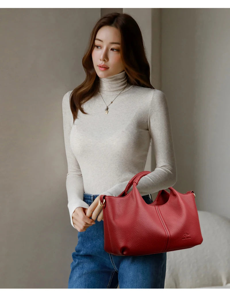 Women's Genuine Leather Bucket Bag with Crossbody Strap