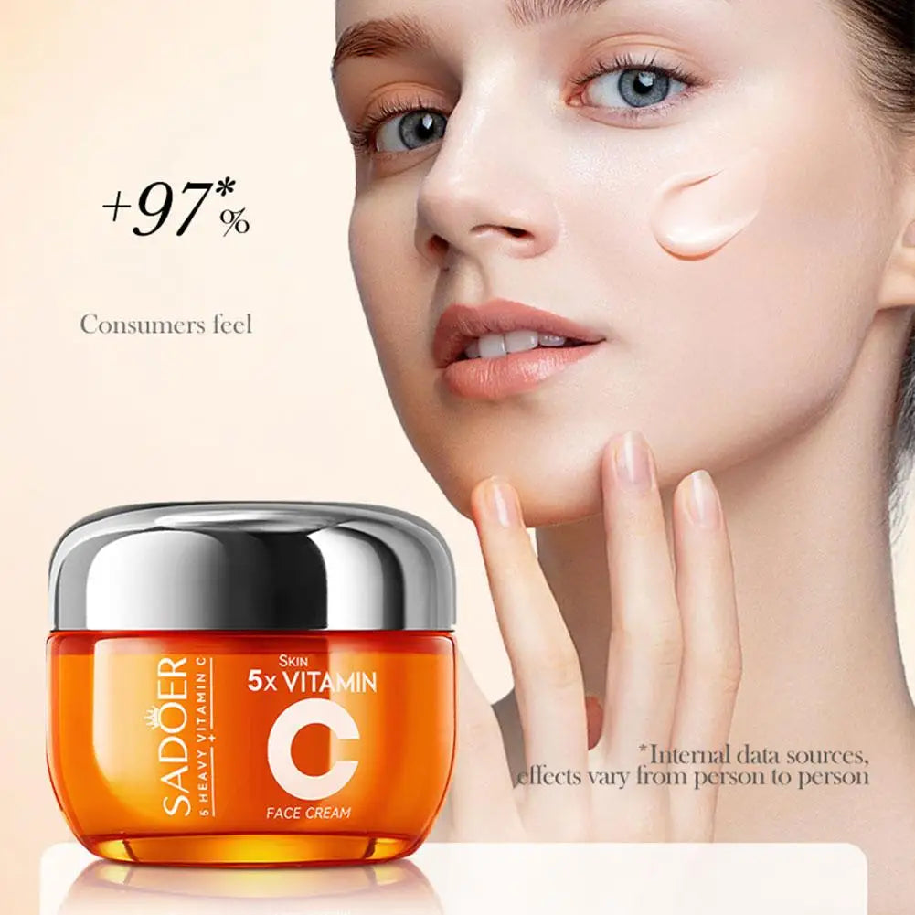 Sadoer face cream jar with a woman applying cream on her face, showing visible results.