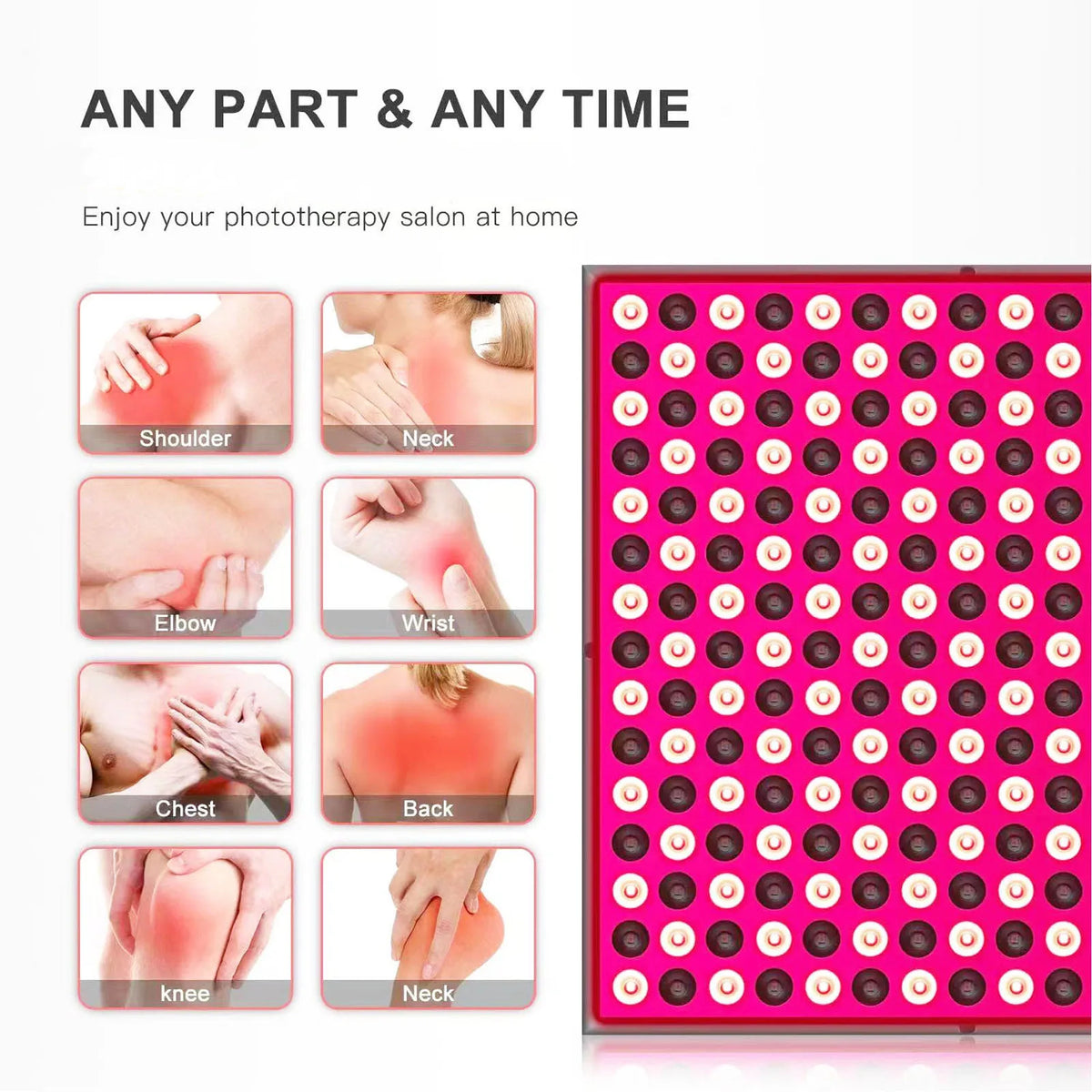 Pink LED panel with various body parts showing redness, indicating phototherapy use.
