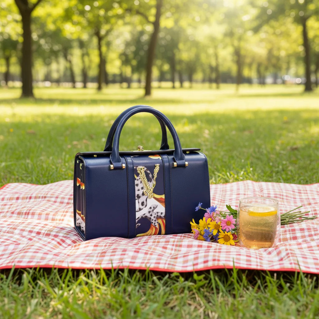 A navy blue structured handbag with a giraffe print panel sits on a red-and-white checkered picnic blanket in a grassy park. A glass of iced tea and small flowers are beside it, with blurred trees in the background.