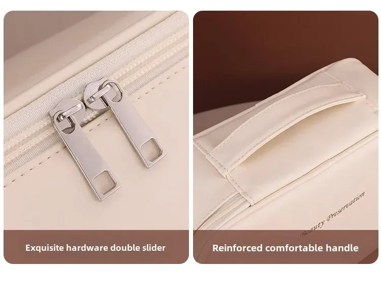 Close-up of a beige bag with a zipper and handle, labeled 'Exquisite hardware double slider' and 'Reinforced comfortable handle'.