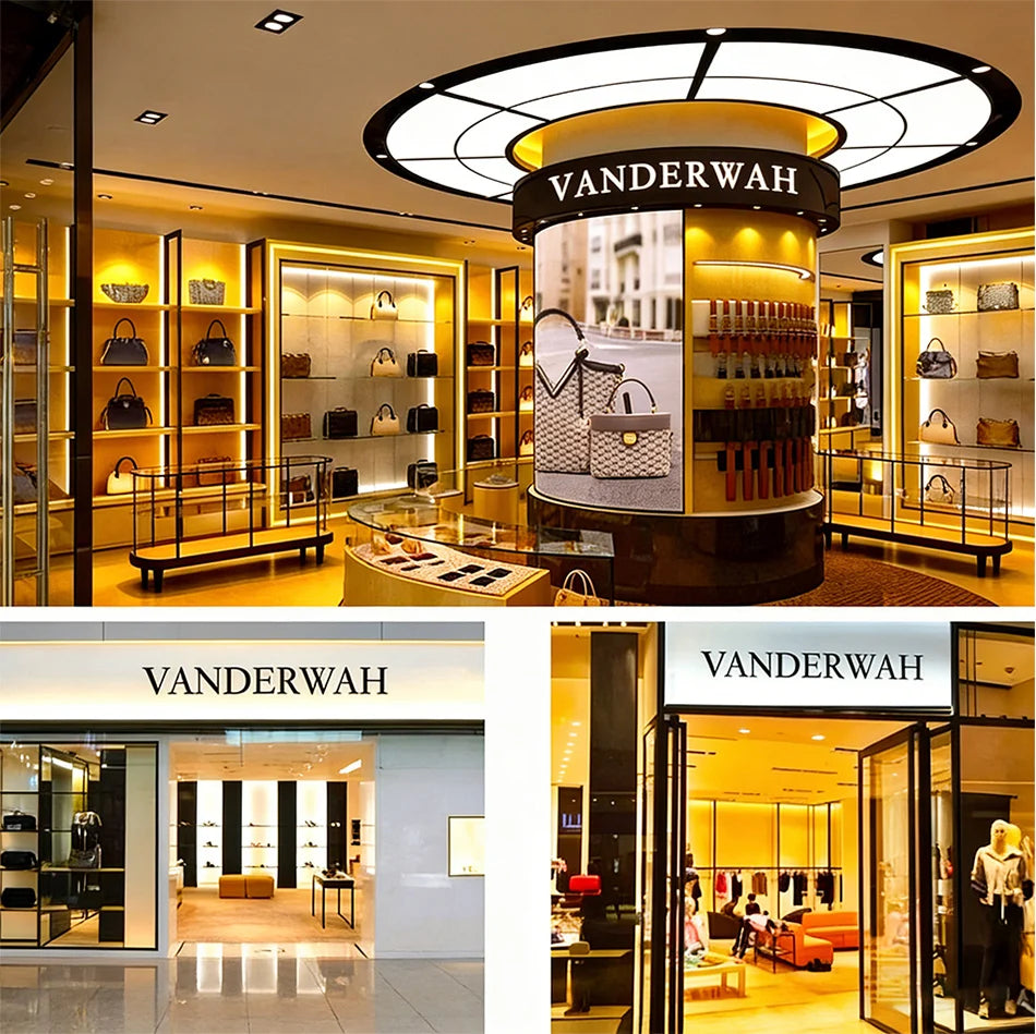Collage of Vanderwah store interior with product displays and branding.