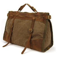Brown leather bag with visible stitching on a white background