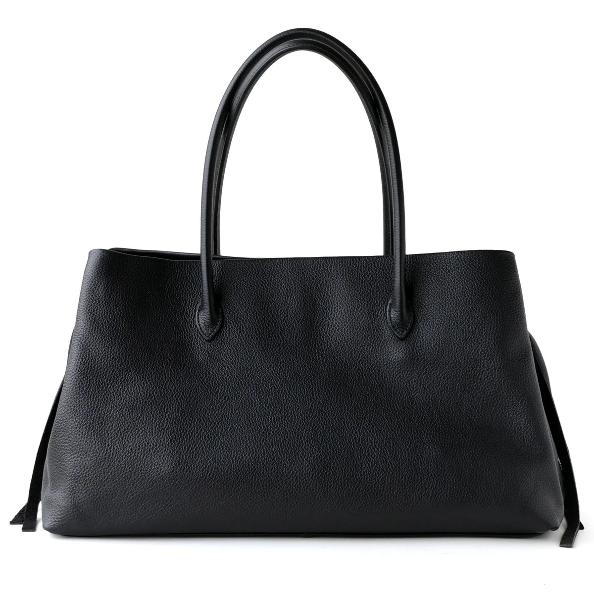 Black leather handbag on a white background
