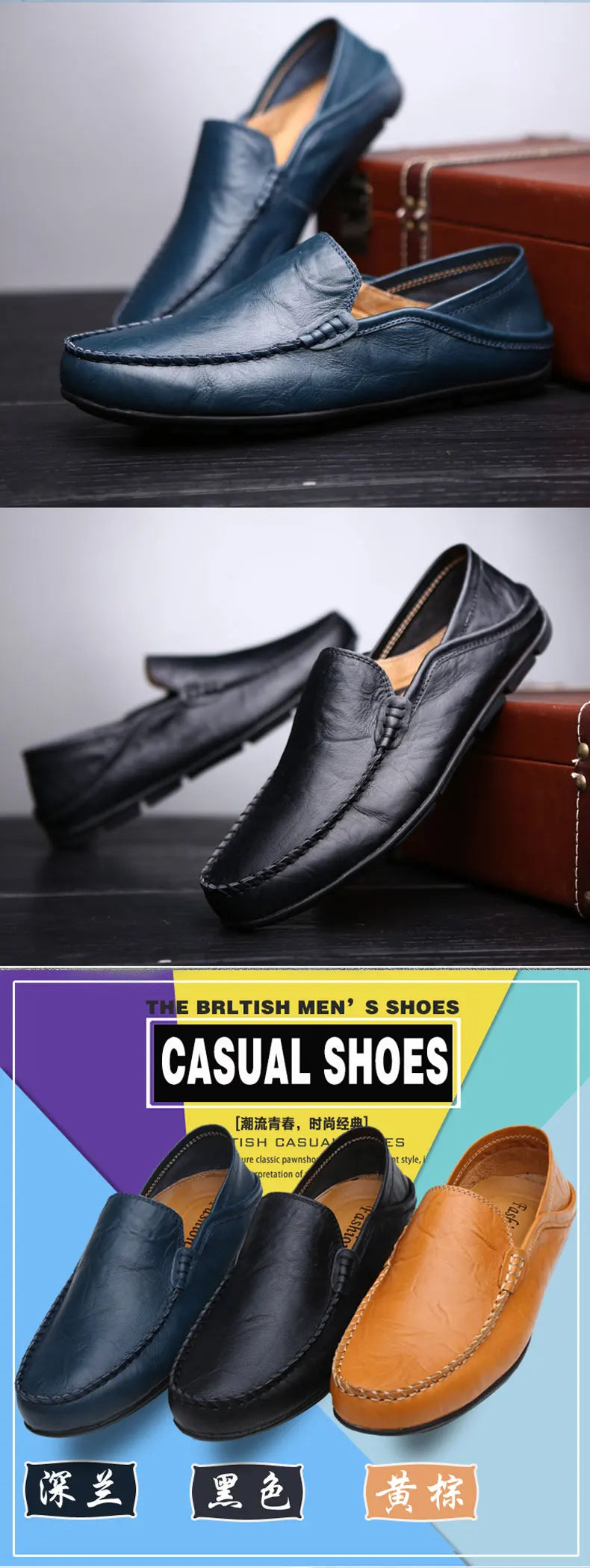 Three pairs of casual shoes displayed against a dark background with a suitcase.