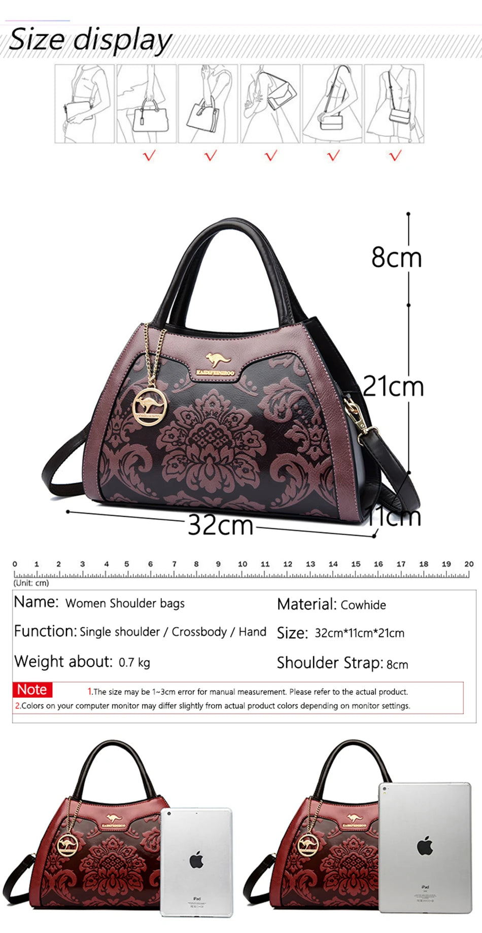 Measurement chart of a women's shoulder bag with dimensions and material details.