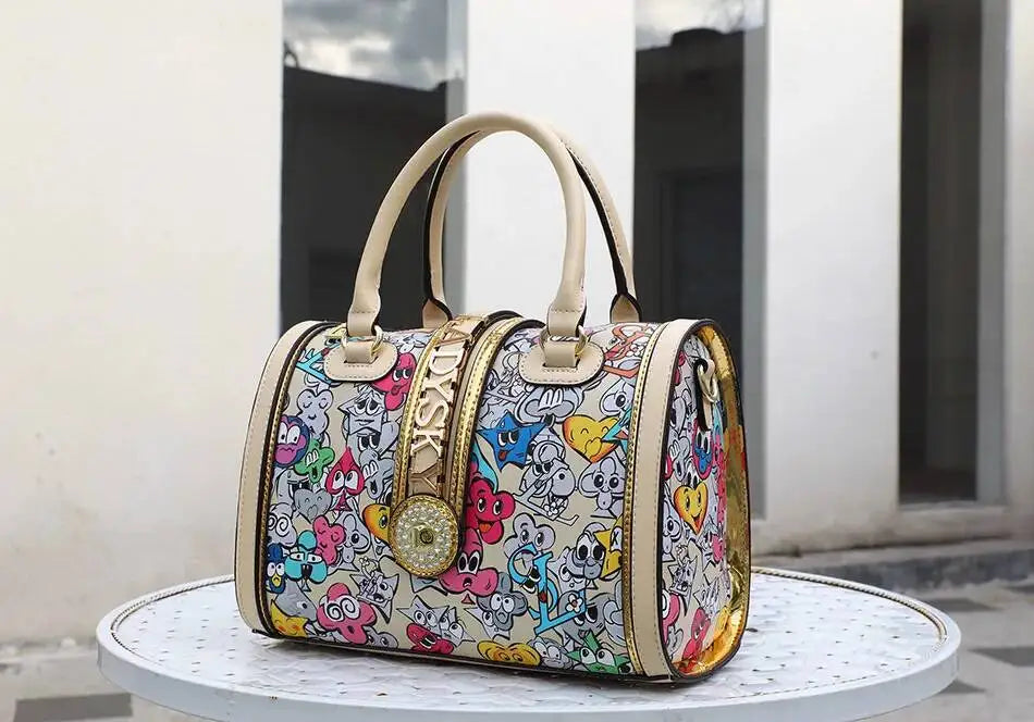 Colorful handbag with cartoon character pattern on a white surface
