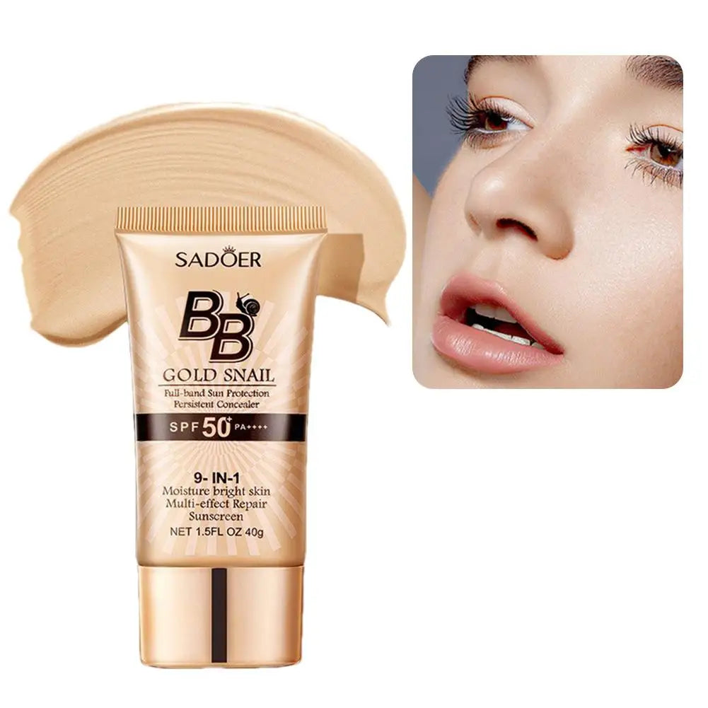 Sadoer BB cream tube with applicator and close-up of a woman's face.
