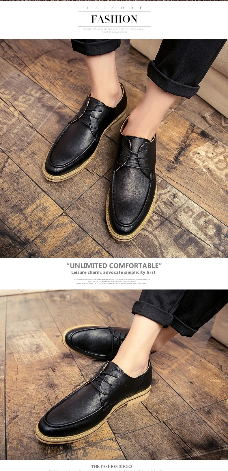 A pair of men's black leather oxford-style shoes with tan soles, shown on a model's feet against a rustic wooden floor background. The image is split into two panels, with text overlays reading 'FASHION' and 'UNLIMITED COMFORTABLE'.