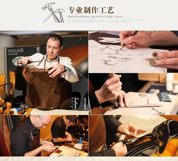 A collage showing the craftsmanship behind a brown leather bag: a craftsman holds the bag, hands sketch a design, tools and materials are visible, and other workers assemble the bag in a workshop. Text at the top reads 'Professional Manufacture Craft' with Chinese characters.