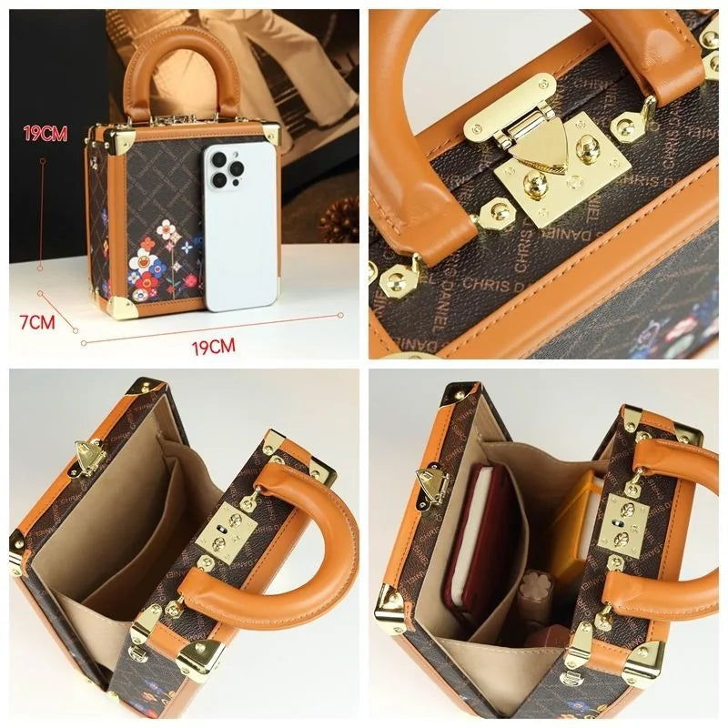 A collage showing a small structured handbag from multiple angles, with dimension lines indicating 19 cm height and 7 cm width. The bag has a dark brown monogram-style pattern, tan leather handles and trim, and gold-tone hardware.