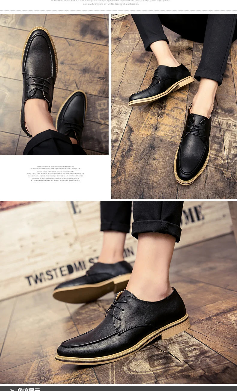 A three-panel collage showing a man wearing black leather lace-up dress shoes with tan soles, photographed from above and side angles on a rustic wood floor.
