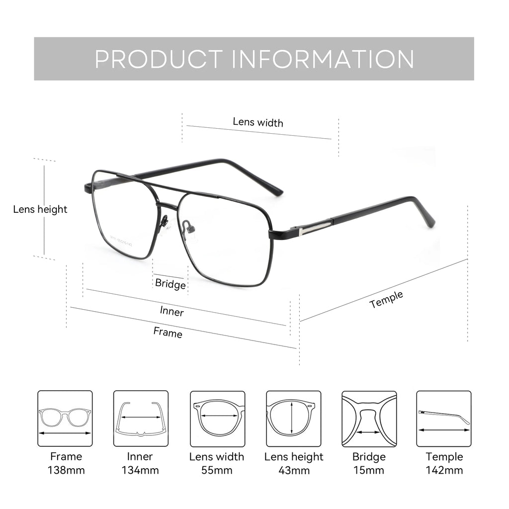 Product information diagram showing a pair of black metal eyeglasses with labeled dimensions for lens width, lens height, bridge, inner frame, temple, and frame size, plus a row of small dimension callouts below on a white background.